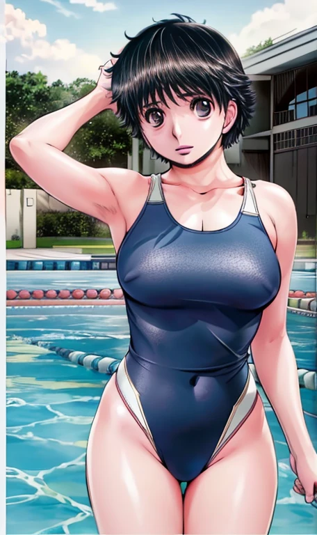 A boyish, short-haired, busty, beautiful-legged woman is standing by the pool in a competitive swimsuit.。The camera is pointed at a middle-aged male teacher。