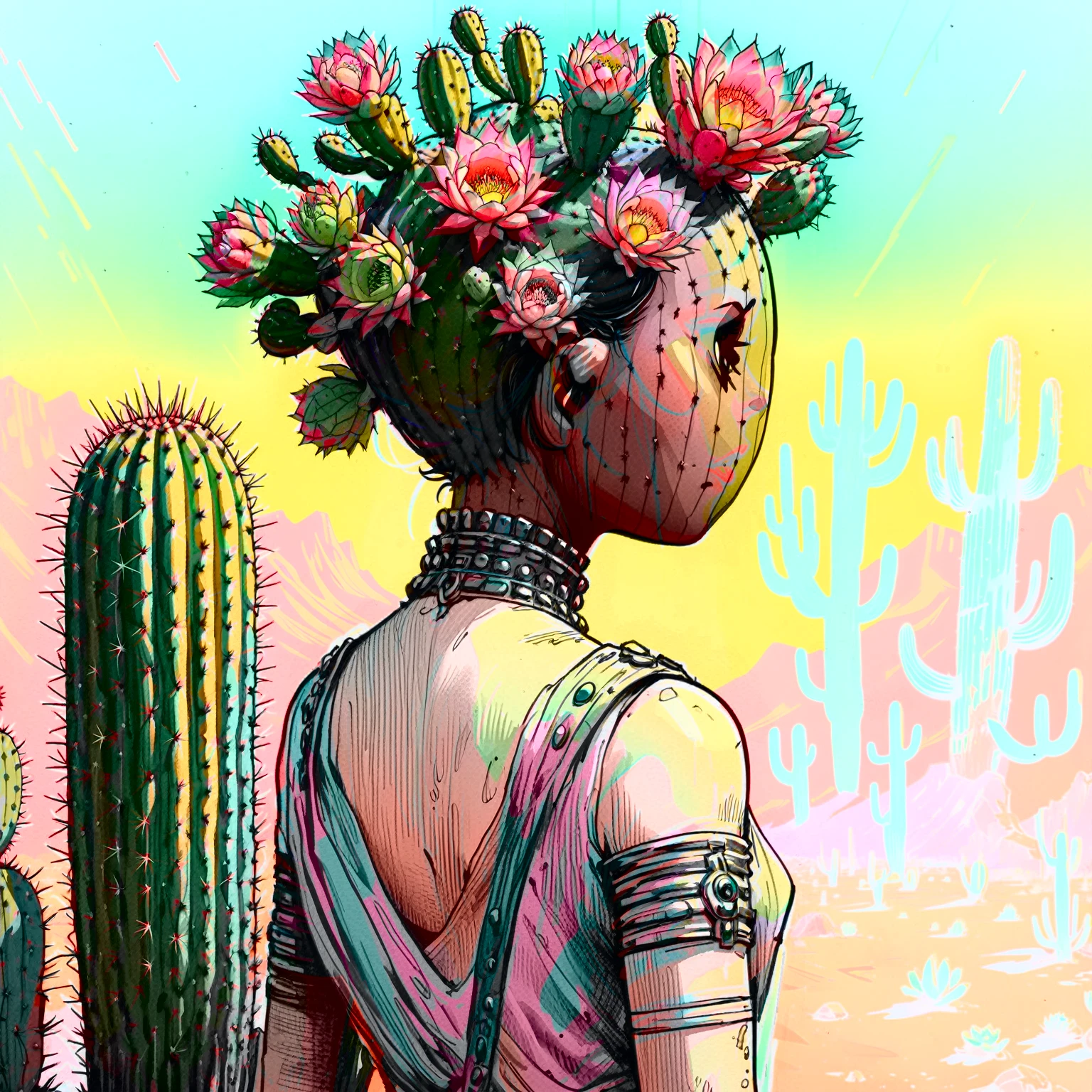 illustrate cactus princess, film screengrab, minimal, serene, perfect, strange, candid, cinematic, surreal, anthropomorphic cactus princess with crown of ornate cactus flowers (ladyfingers and opuntia, vibrant), , realism, photographed, timeless, lost in space, liminal, blank canvas, abstract, nuanced, clearly cartoon distinct, An over the shoulder sketch in the style of Jamie Hewlett and Joelle Jones, with 90s comic aesthetics, expressive ink work, cinematic compositions, and nuanced details. Desert color scheme, 1990's animated tv show screengrab, uv light rays across face, VHS, glitch, distorted, nostalgia, 90's retro vibes, analog tape, vcr aesthetics, tv, television, comic 1990's, animated tv show screengrab, cinematic poster, image within image, multiple exposure, massive scale, rich color grading for shading depth, hand drawn rotoscope cartoon realism, chiaroscuro lighting, mixed media, vintage comic, retro original design, 1990's comic, sense of movement energy, rewilding, (full roygbiv color) ink charcoal expressive illustration,