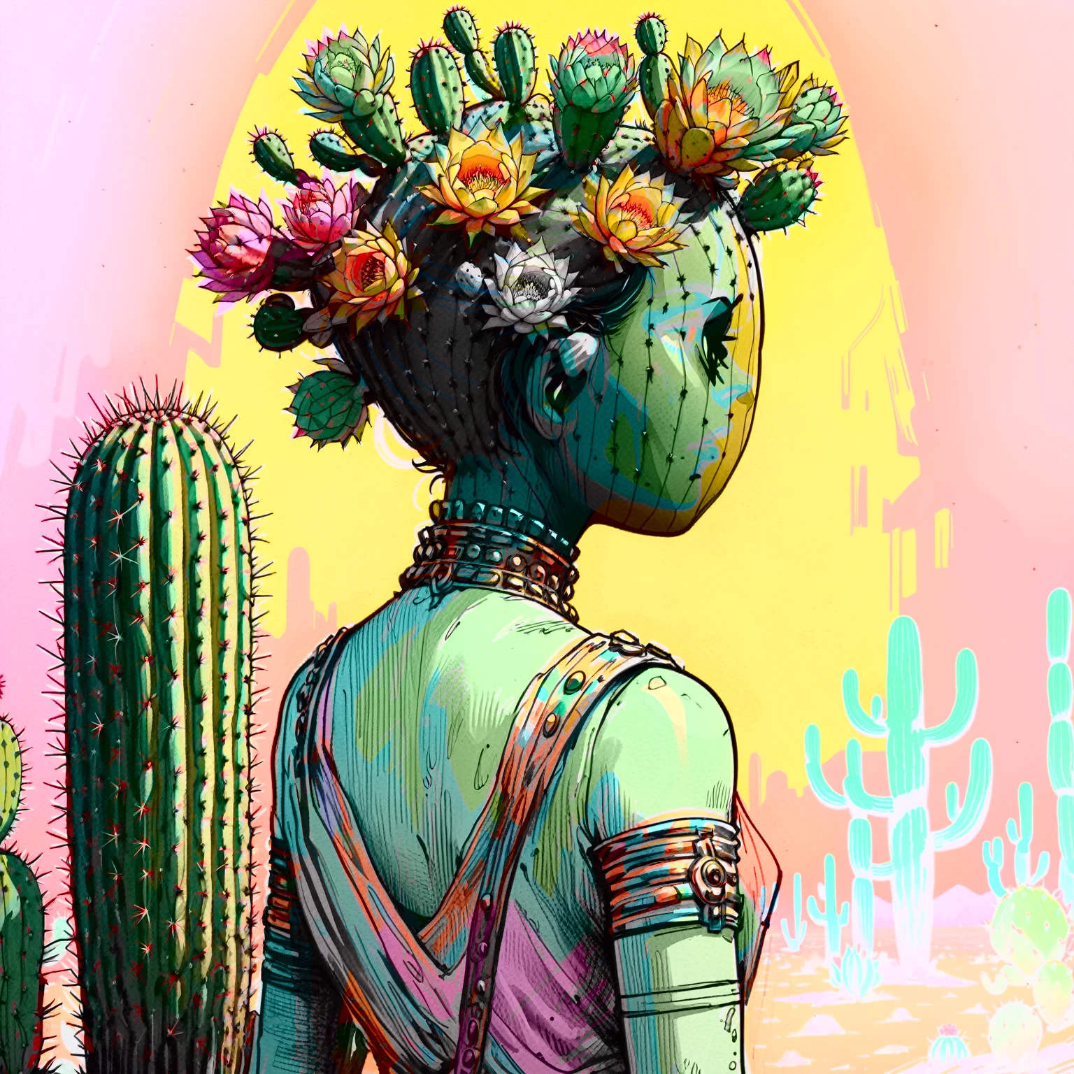 illustrate cactus princess, film screengrab, minimal, serene, perfect, strange, candid, cinematic, surreal, anthropomorphic cactus princess with crown of ornate cactus flowers (ladyfingers and opuntia, vibrant), , realism, photographed, timeless, lost in space, liminal, blank canvas, abstract, nuanced, clearly cartoon distinct, An over the shoulder sketch in the style of Jamie Hewlett and Joelle Jones, with 90s comic aesthetics, expressive ink work, cinematic compositions, and nuanced details. Desert color scheme, 1990's animated tv show screengrab, uv light rays across face, VHS, glitch, distorted, nostalgia, 90's retro vibes, analog tape, vcr aesthetics, tv, television, comic 1990's, animated tv show screengrab, cinematic poster, image within image, multiple exposure, massive scale, rich color grading for shading depth, hand drawn rotoscope cartoon realism, chiaroscuro lighting, mixed media, vintage comic, retro original design, 1990's comic, sense of movement energy, rewilding, (full roygbiv color) ink charcoal expressive illustration,