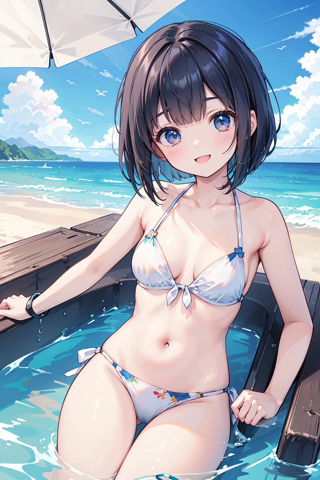 Photorealistic、Highest quality、Highest Resolution、Highest quality、8K、One beautiful woman、cute、Bob Cut Hair、Dark Hair Color、Swimwear、Ocean、looks fun、Frolic with a smile、