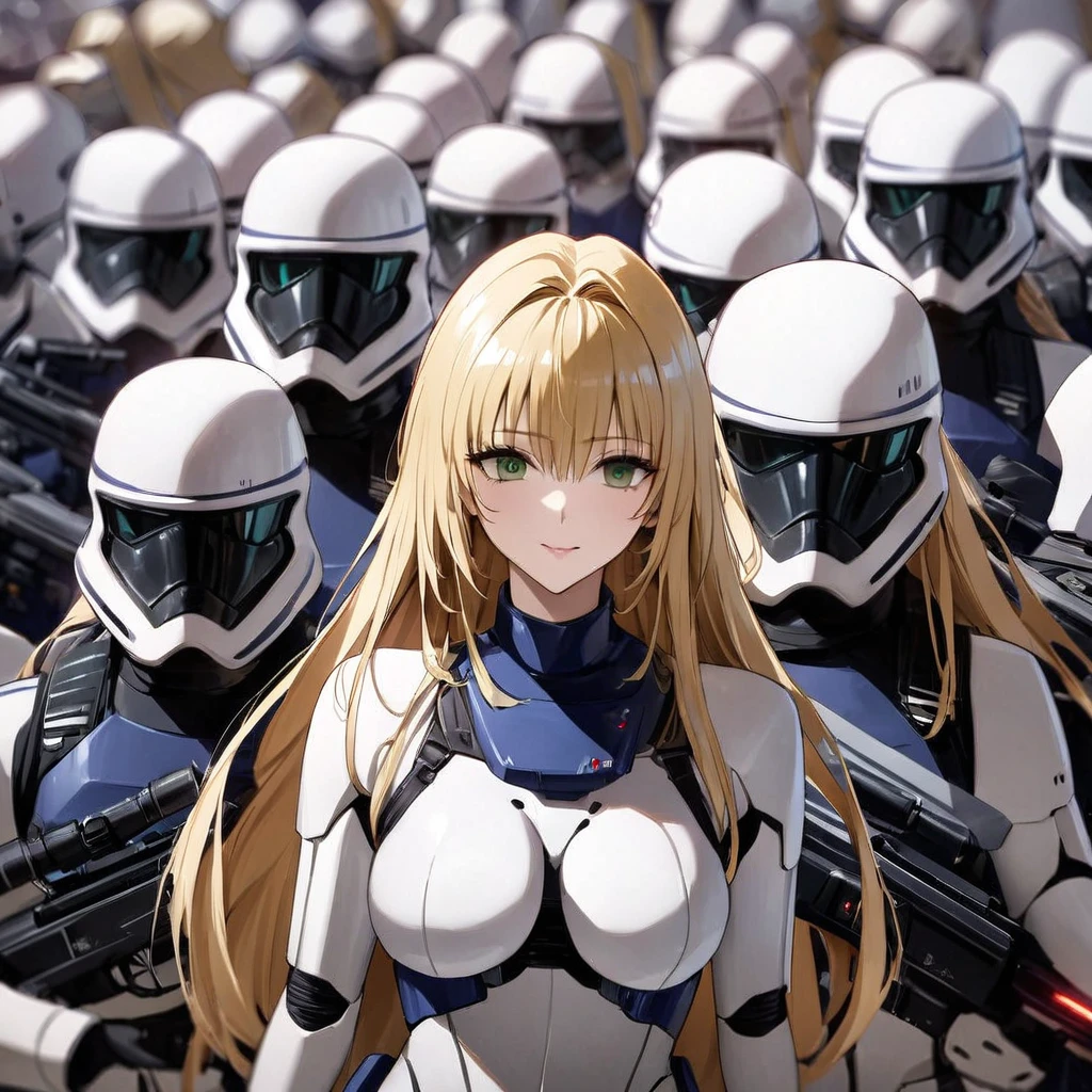 ((Highest quality)), ((masterpiece)), (detailed), (Perfect Face)、The woman is Tiare, a beautiful Stormtrooper with green eyes and medium-long blonde hair, carrying an assault rifle-type blaster.、On Imperial spaceships, they line up in orderly rows with other Stormtroopers and serve in loyalty to Emperor Palpatine.
