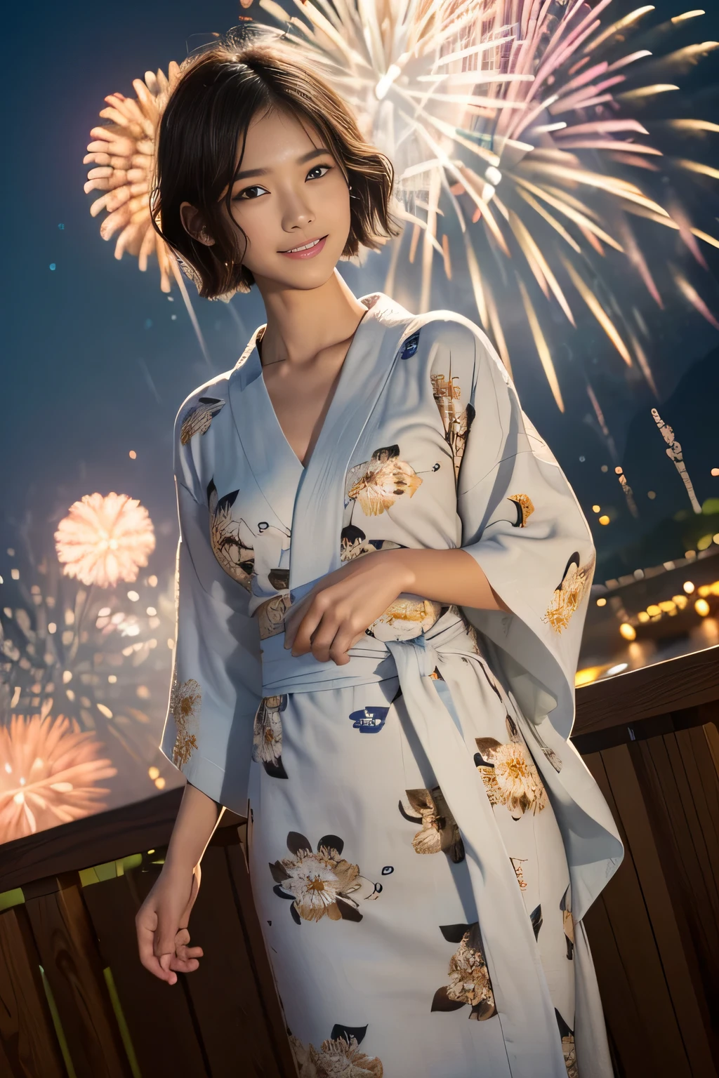 masterpiece, best quality, ultra quality, high quality, realistic, photo realistic, warm lighting,natural lighting,cinematic lighting,RAW photo, hyper detailed, intricate detailed, perfect anatomy, Fujifilm XT3,(cowboy shot),1 woman, Japanese beautiful woman,babyface,(brown very short Bobcut hairy over one eye,
((wearing flower patterned yukata, obi)),(small breasts:1.2),(slender body:1.2),sweaty, closed mouth, tan skin,sunburn tanline,smile,brown eyes,looking at viewer,(park),(night),((fireworks)), (medium shot),from head to knee shot,standing,