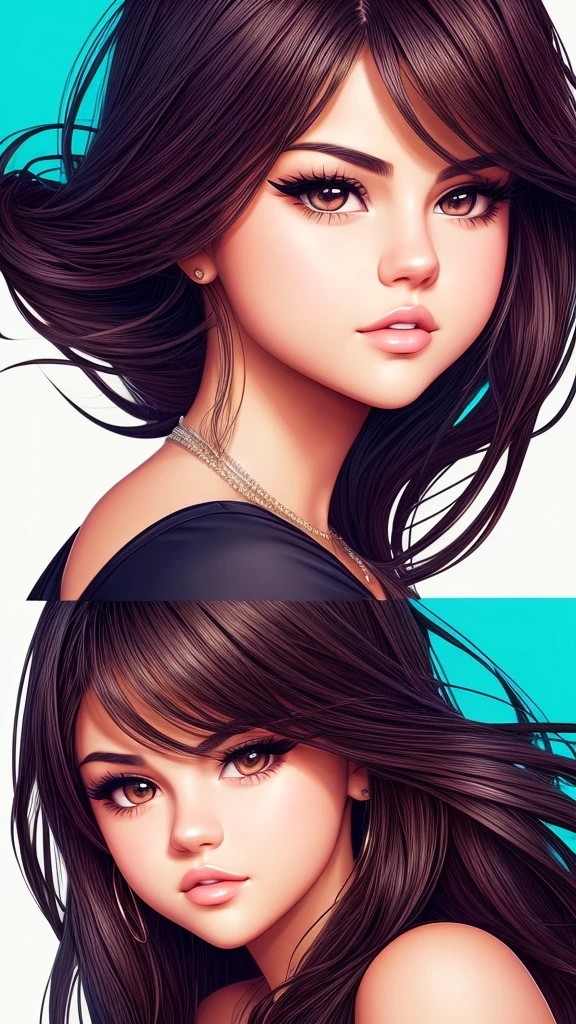 Create a graphic-style illustration of Selena Gomez in an anime-inspired but realistic style. The illustration should have a plain white background and be highly accurate to her actual facial features. Emphasize her signature traits, such as her eyes, lips, and hair, while incorporating anime elements to give it a unique and trendy look. The illustration should feature clean lines and vibrant colors, capturing Selena Gomez’s natural beauty in a contemporary and visually appealing way. Ensure the final artwork is both photo-realistic and stylish, reflecting current design trends and maintaining the anime aesthetic.