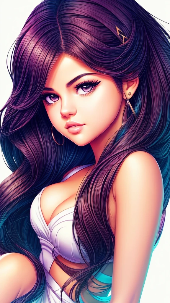 Create a graphic-style illustration of Selena Gomez in an anime-inspired but realistic style. The illustration should have a plain white background and be highly accurate to her actual facial features. Emphasize her signature traits, such as her eyes, lips, and hair, while incorporating anime elements to give it a unique and trendy look. The illustration should feature clean lines and vibrant colors, capturing Selena Gomez’s natural beauty in a contemporary and visually appealing way. Ensure the final artwork is both photo-realistic and stylish, reflecting current design trends and maintaining the anime aesthetic.