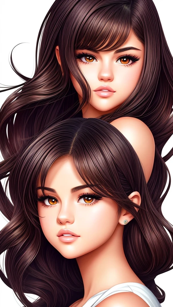 Create a graphic-style illustration of Selena Gomez in an anime-inspired but realistic style. The illustration should have a plain white background and be highly accurate to her actual facial features. Emphasize her signature traits, such as her eyes, lips, and hair, while incorporating anime elements to give it a unique and trendy look. The illustration should feature clean lines and vibrant colors, capturing Selena Gomez’s natural beauty in a contemporary and visually appealing way. Ensure the final artwork is both photo-realistic and stylish, reflecting current design trends and maintaining the anime aesthetic.