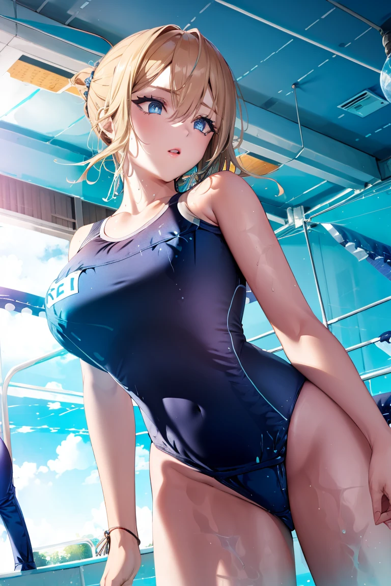 short ponytail,Short Hair,
BREAK ((((School swimsuit)):1.5))
BREAK view from below, morning city, street,
BREAK (masterpiece:1.2), best quality, high resolution, unity 8k wallpaper, (illustration:0.8), (beautiful detailed eyes:1.6), extremely detailed face, perfect lighting, extremely detailed CG, (perfect hands, perfect anatomy),