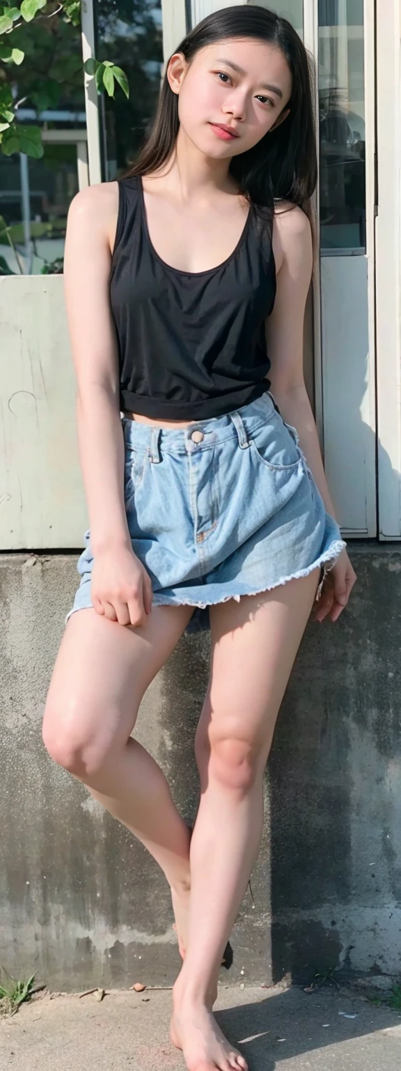 Open shirt, (((Leaning forward))), ((,Round face, Around 17 years old,mini skirt、loose tank top)), Long Hair, , Natural Makeup, Lips become thicker, Sexy Gaze, barefoot, ((Raise one leg)), Shooting from below,Gentle expression ,((Extremely precise and accurate anatomy)), (masterpiece:1.43), Perfect proportions, Realistic photos, Full Shot, whole body, (height: 165cm),