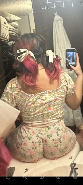 woman with pink hair taking a picture of herself in the mirror, wearing pink hair bow, pigtails, colorful pigtail, wearing underwear, with pink hair, wearing pink panties, back of the hair, roses in her hair, pink hair covered with hairpins, view from the back, curvy and bow, shot from the back, thick bow, insanely inflated hips, beautiful girl, big ass, huge ass, bbw, from behind, thick, thick thighs, wide hips, bbw, big , sideboob, giant ass, side view, big butt, round butt, tight underwear, underwear halfway off, underwear taking off, grabbing ass, ass spilling over underwear, too thick for clothes, side angle, chubby stomach, big , filipina, naked fat ass on sink riding a dildo