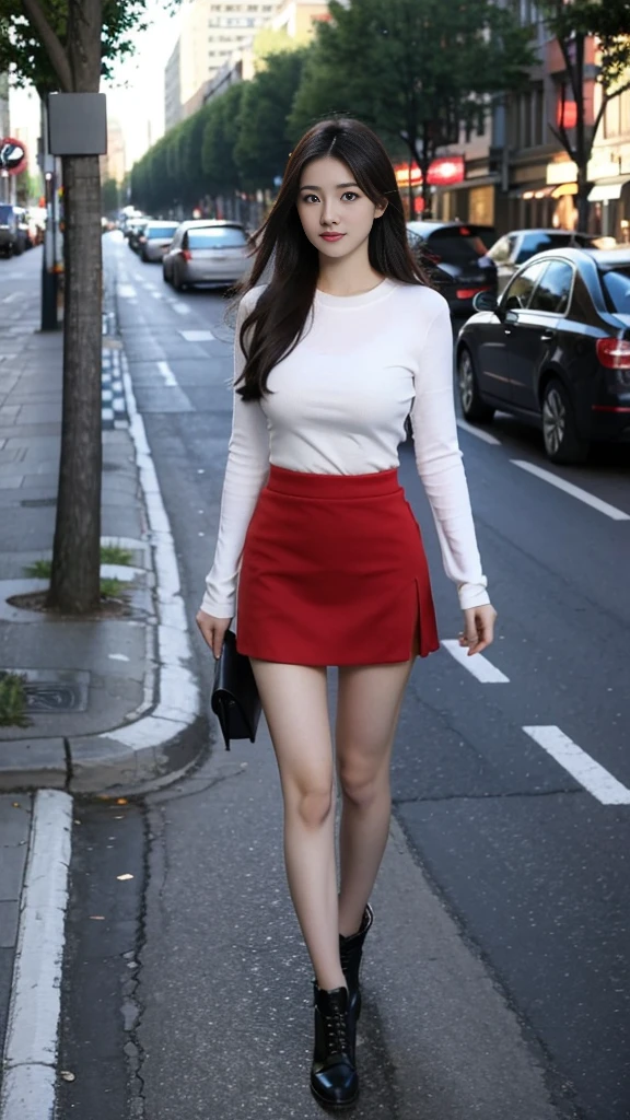 20 year old busty girl, Body-fitting miniskirt，City Streets，walk