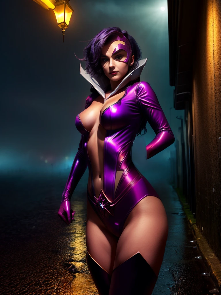 Dominatrix cyber Batwoman wearing a skin-tight uniform stsapph2024 in a dark and sinister narrow alley under a dim street light, (cyberpunk style), Evangelion style, mecha, (sensual pose with her hands on her waist), (rainy night with fog), Batgirl, bodysuit, toned body, wide hips, Allan Moore, DC Comics, gothic setting, Gottam City, photorealistic, 8k, realistic shadows