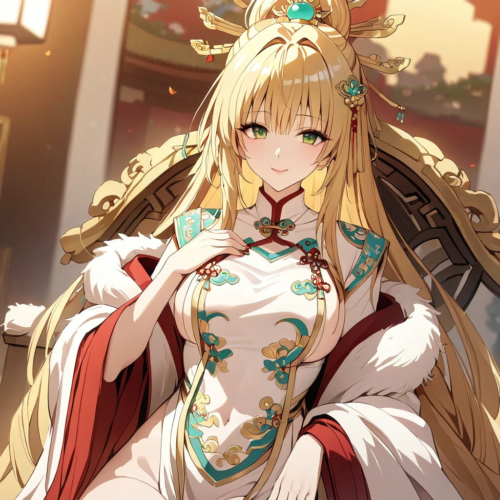 ((Highest quality)), ((masterpiece)), (detailed), (Perfect Face)、The woman is a Tieryu with green eyes, medium-long blonde hair, and is wearing a gorgeous ancient Chinese court costume embroidered with gold and red, with a gorgeous hair ornament.、The woman is an ancient Chinese empress, sitting on a gorgeous throne and smiling gently.