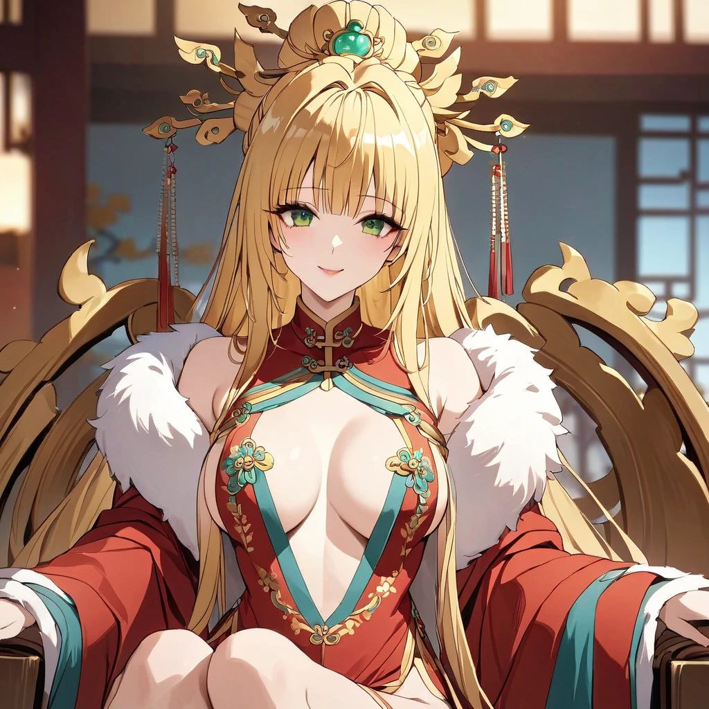 ((Highest quality)), ((masterpiece)), (detailed), （Perfect Face）、The woman is a Tieryu with green eyes, medium-long blonde hair, and is wearing a gorgeous ancient Chinese court costume embroidered with gold and red, with a gorgeous hair ornament.、The woman is an ancient Chinese empress, sitting on a gorgeous throne and smiling gently.