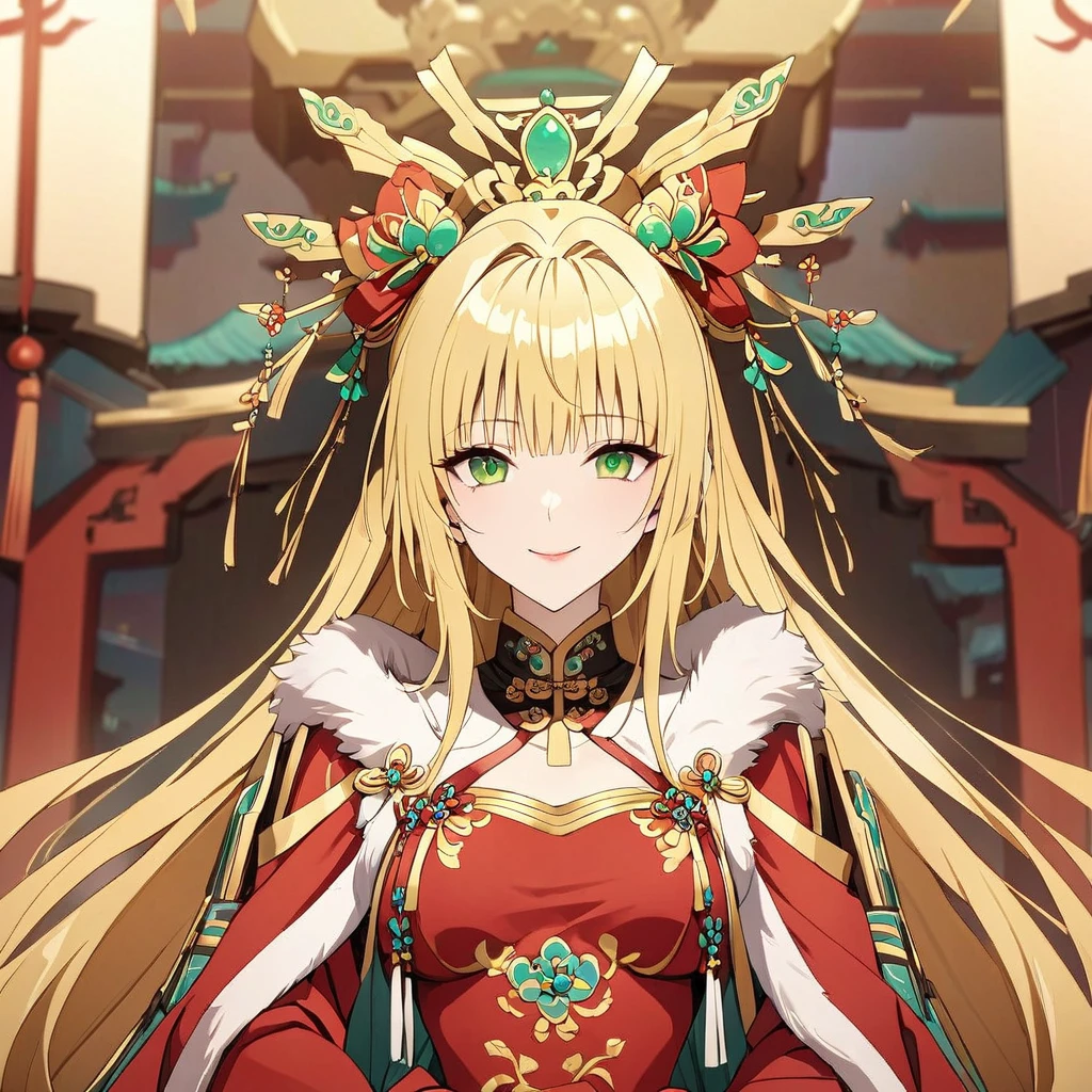 ((Highest quality)), ((masterpiece)), (detailed), (Perfect Face)、The woman is a Tieryu with green eyes, medium-long blonde hair, and is wearing a gorgeous ancient Chinese court costume embroidered with gold and red, with a gorgeous hair ornament.、The woman is an ancient Chinese empress, sitting on a gorgeous throne and smiling gently.