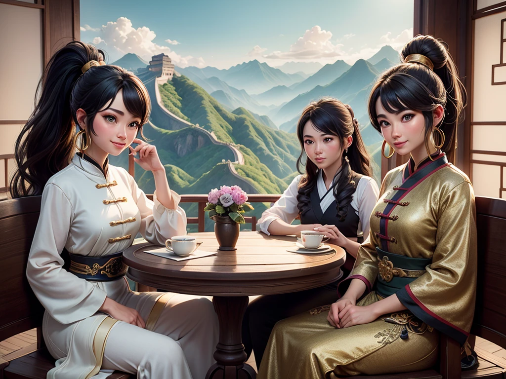Three girls sitting around a square table and chairs,Different hair styles， Pretty Face, Black long hair，Ponytail，Green eyes, wearing a cowboy suit, Gold hoop earrings, Looking at you with loving eyes and a sweet smile. An ancient Chinese palace can be seen in the background，Surrounded by majestic scenery and the Great Wall of China. The final image must be a masterpiece, Features high-quality graphics and intricate details，Bringing the audience into a world of wonder and magic, Lumière Photographic, Backlight, Micro details, explain, Photographic, 85mm 1.4