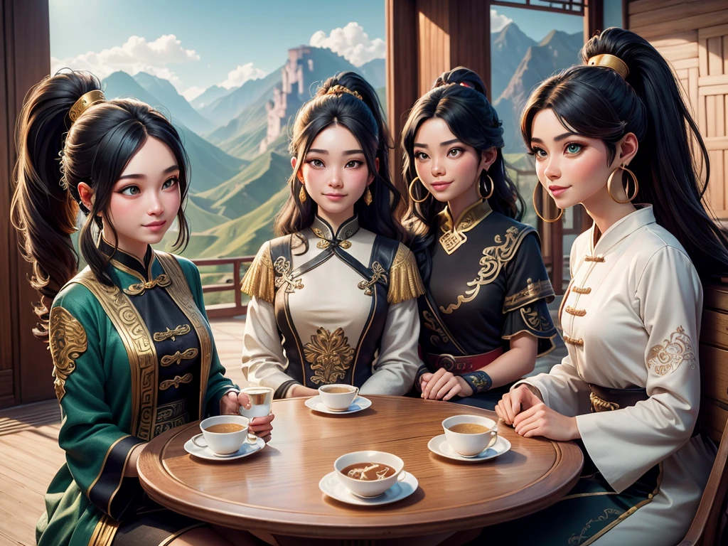 Three girls sitting around a square table and chairs,Different hair styles， Pretty Face, Black long hair，Ponytail，Green eyes, wearing a cowboy suit, Gold hoop earrings, Looking at you with loving eyes and a sweet smile. An ancient Chinese palace can be seen in the background，Surrounded by majestic scenery and the Great Wall of China. The final image must be a masterpiece, Features high-quality graphics and intricate details，Bringing the audience into a world of wonder and magic, Lumière Photographic, Backlight, Micro details, explain, Photographic, 85mm 1.4