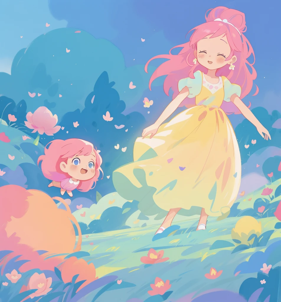 beautiful girl in puffy gradient ballgown, a field with round puffball pink flowers, otherworldly flowers, whimsical landscape, long pink flowing hair, watercolor illustration, inspired by Glen Keane, inspired by Lois van Baarle, disney art style, by Lois van Baarle, by Glen Keane, jen bartel, digital painting, beautiful digital illustration, fantasia otherworldly landscape plants flowers, beautiful, masterpiece, best quality, anime disney style