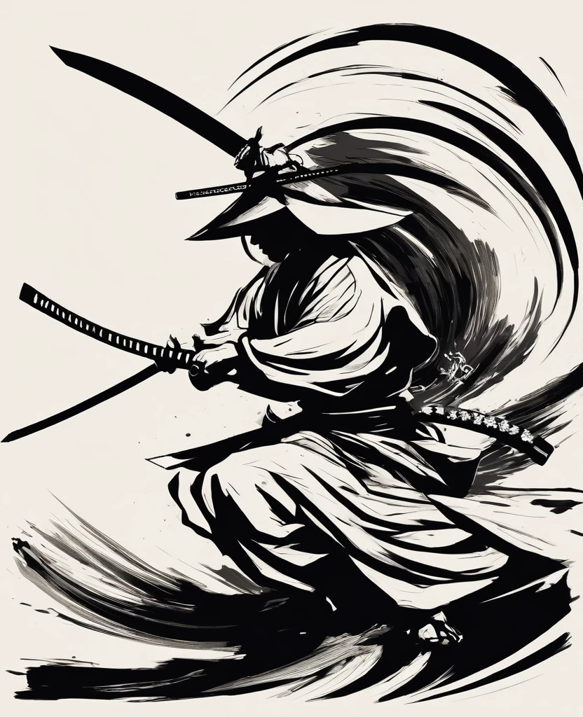 A samurai holding a Japanese sword is depicted in a dynamic, simple black and white ink style.