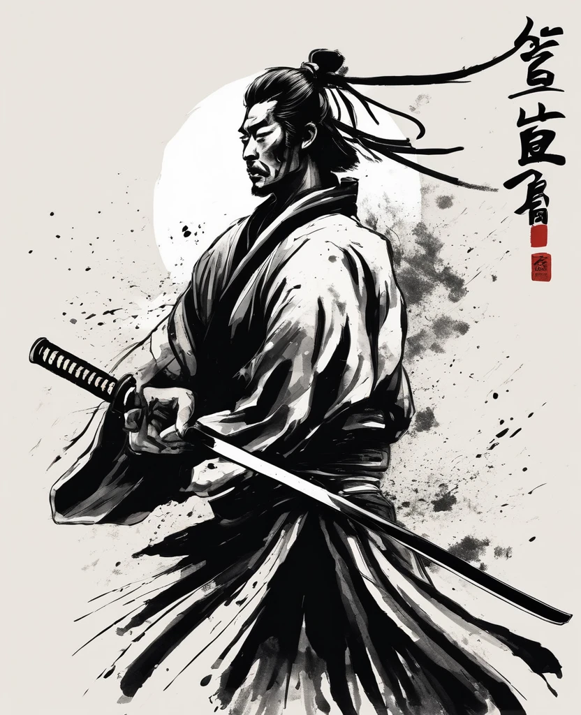 A samurai holding a Japanese sword is depicted in a dynamic, simple black and white ink style.