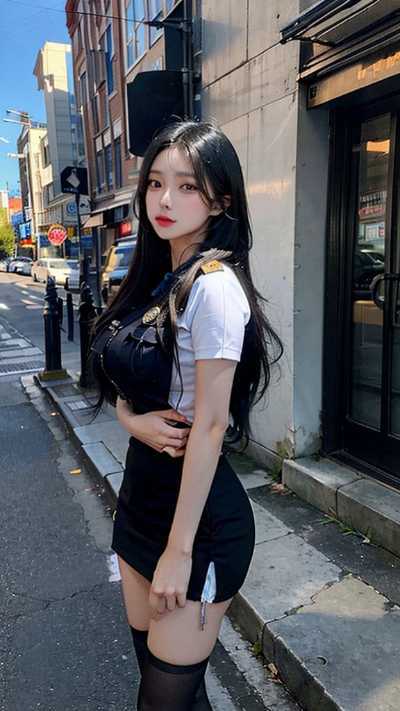 An absurd solution, High resolution, (masterpiece:1.4), Super detailed, One girl,Blue Eye Color, Long black hair,Wear a police uniform and a short skirt, City streets,Sexy posture, The camera is close to the body