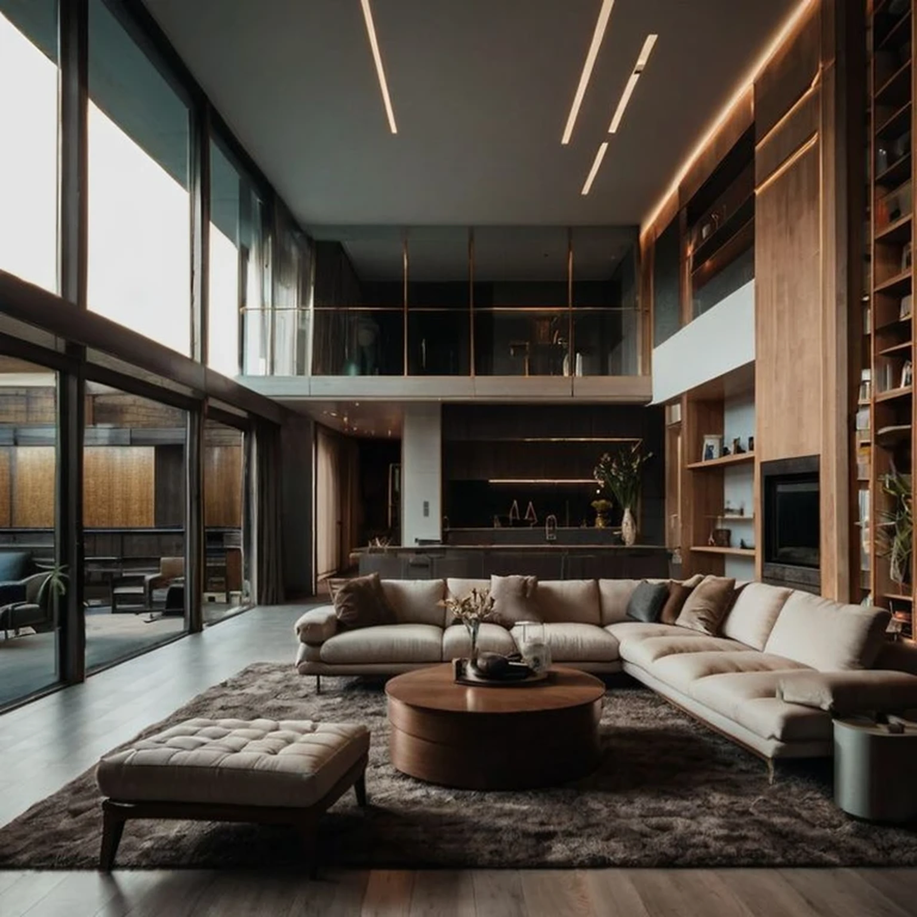 a view of a living room with a couch, ottoman, and coffee table, with backdrop of natural light, moody ambiance, luxurious indoor setting, dark and beige atmosphere, modern living room, dimly lit interior room, modern interior design, living room vibe, beige and dark atmosphere, dark interior, living room, luxurious environment, interior architecture view, luxury condo interior