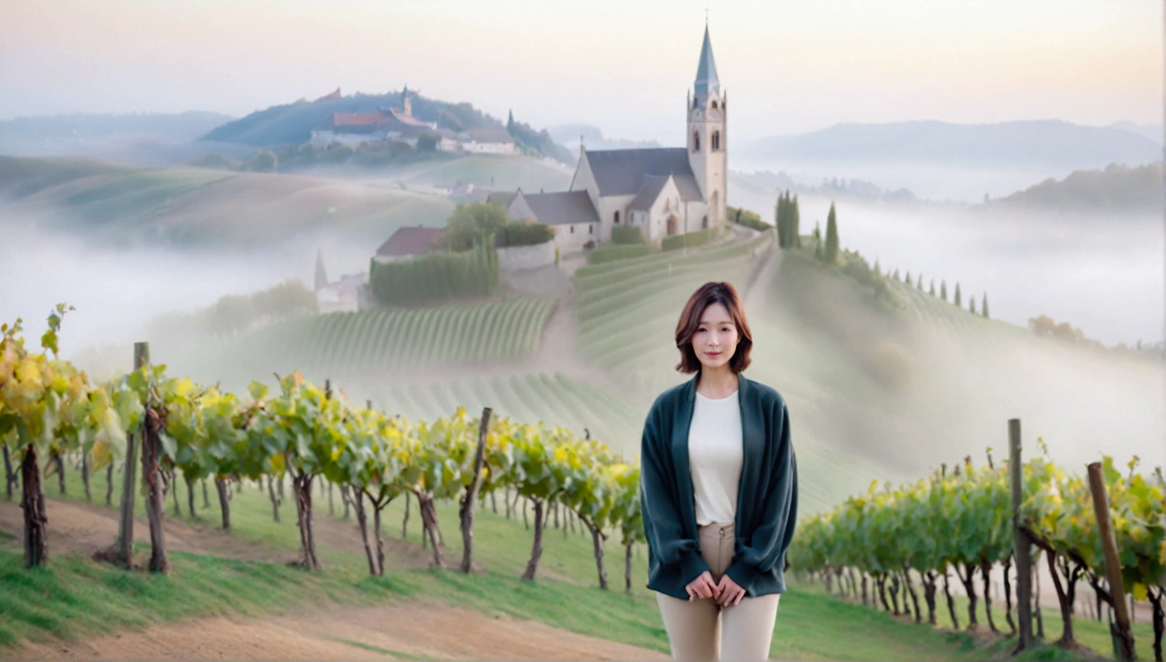 Woman in a beautiful landscape 8K highest quality, Beautiful 36-year-old Korean woman, Chest size 34 inches, Passing through the vineyards in the Swiss countryside, the cathedral is visible through the early morning fog., The back background is realistic and vivid image quality, short medium hair, Casual and British - (summer jacket) ,Perfect and realistic photos, The background is realistic. Full body shot with Canon camera 16-35 wide angle lens, expressionless, Walking up a vineyard hill covered in thick fog., Walking towards the front camera