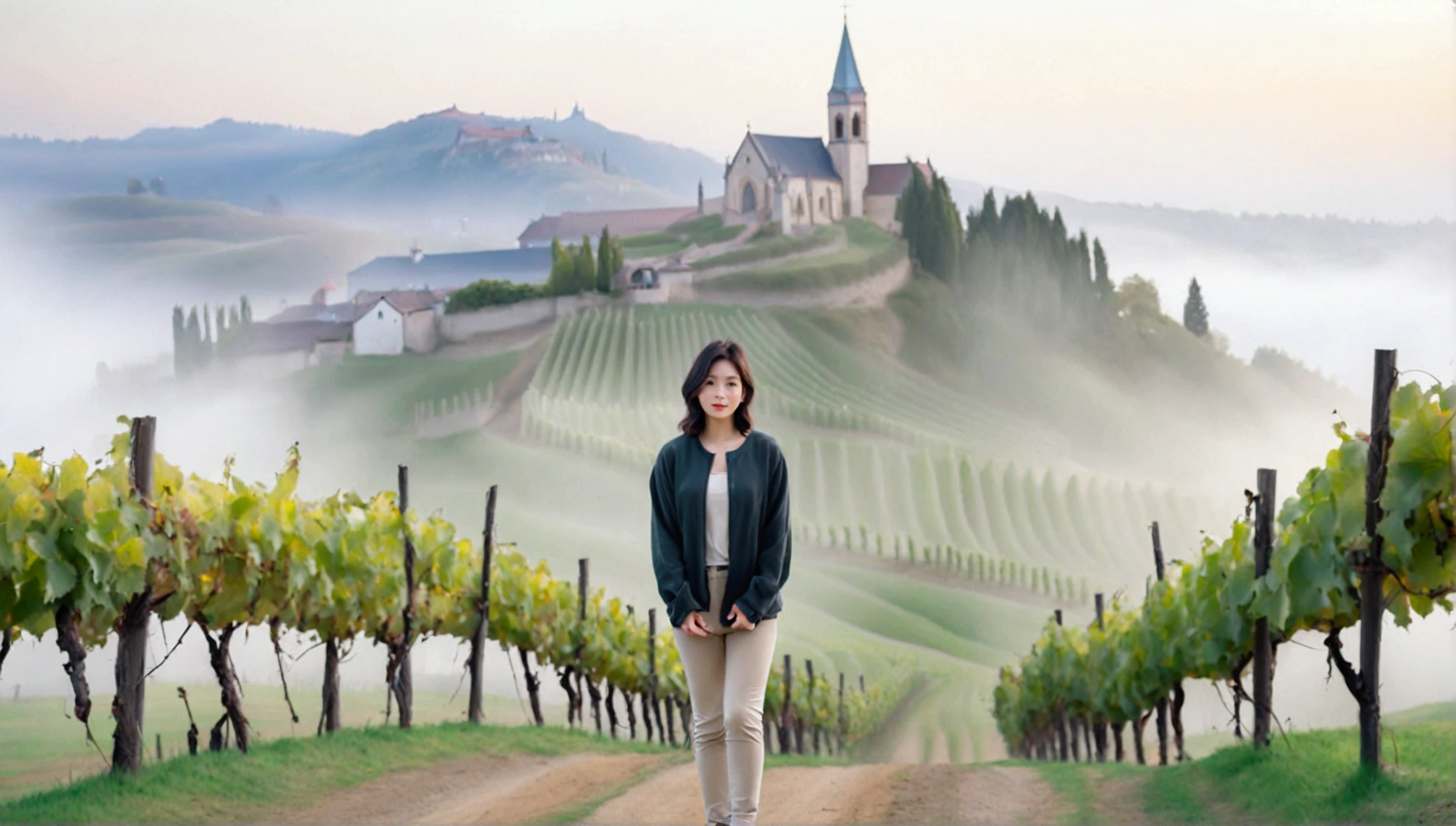 Woman in a beautiful landscape 8K highest quality, Beautiful 36-year-old Korean woman, Chest size 34 inches, Passing through the vineyards in the Swiss countryside, the cathedral is visible through the early morning fog., The back background is realistic and vivid image quality, short medium hair, Casual and British - (summer jacket) ,Perfect and realistic photos, The background is realistic. Full body shot with Canon camera 16-35 wide angle lens, expressionless, Walking up a vineyard hill covered in thick fog., Walking towards the front camera