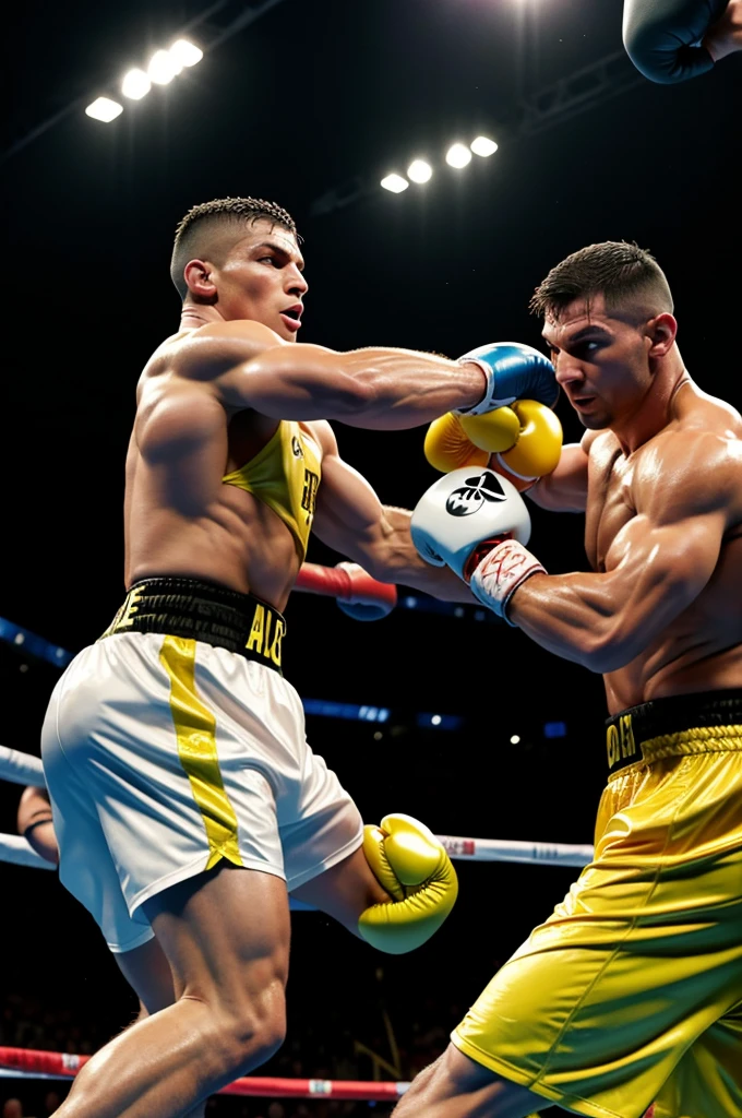 • "Create an image of two muscular anthropomorphic Ronaldo & Messi in a boxing ring. One Ronaldo should be significantly taller and more muscular than the other. Both cats should wear yellow boxing shorts and white boxing gloves. The background should show a crowd in a stadium under bright lights."