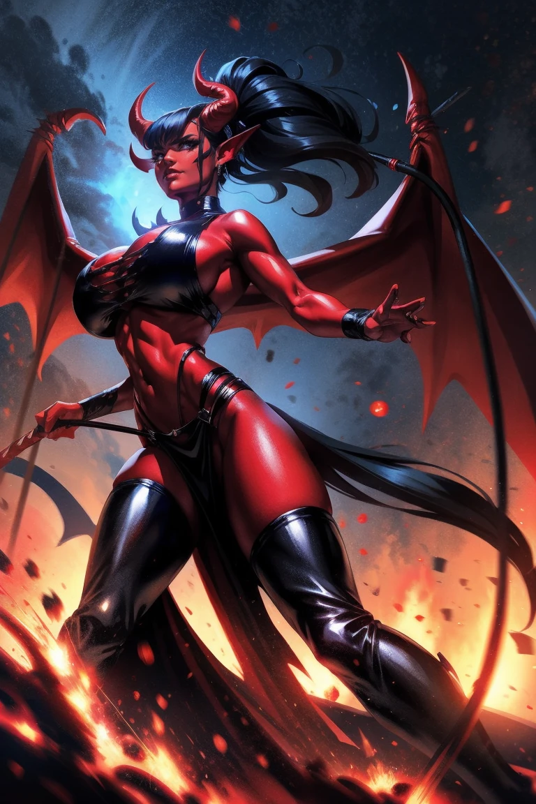 Red skin succubus tiefling, medium breasts, black horns, wings, huge tail, black leather, crop top, long flowing pelvic curtain, tall, toned, graceful, thin, long black ponytail. Action scene, whip. Dark scene, explosions, night sky.