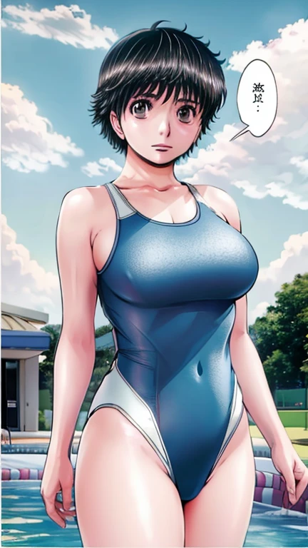 A boyish, short-haired, busty, beautiful-legged woman is standing by the pool in a competitive swimsuit.。The camera is pointed at a standing middle-aged male teacher。