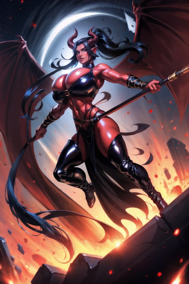 Busty Red skin succubus tiefling, large breasts, black horns, wings, huge tail, black leather, crop top, long flowing pelvic curtain, tall, toned, graceful, thin, long black ponytail. Action scene, whip. Dark scene, explosions, night sky.