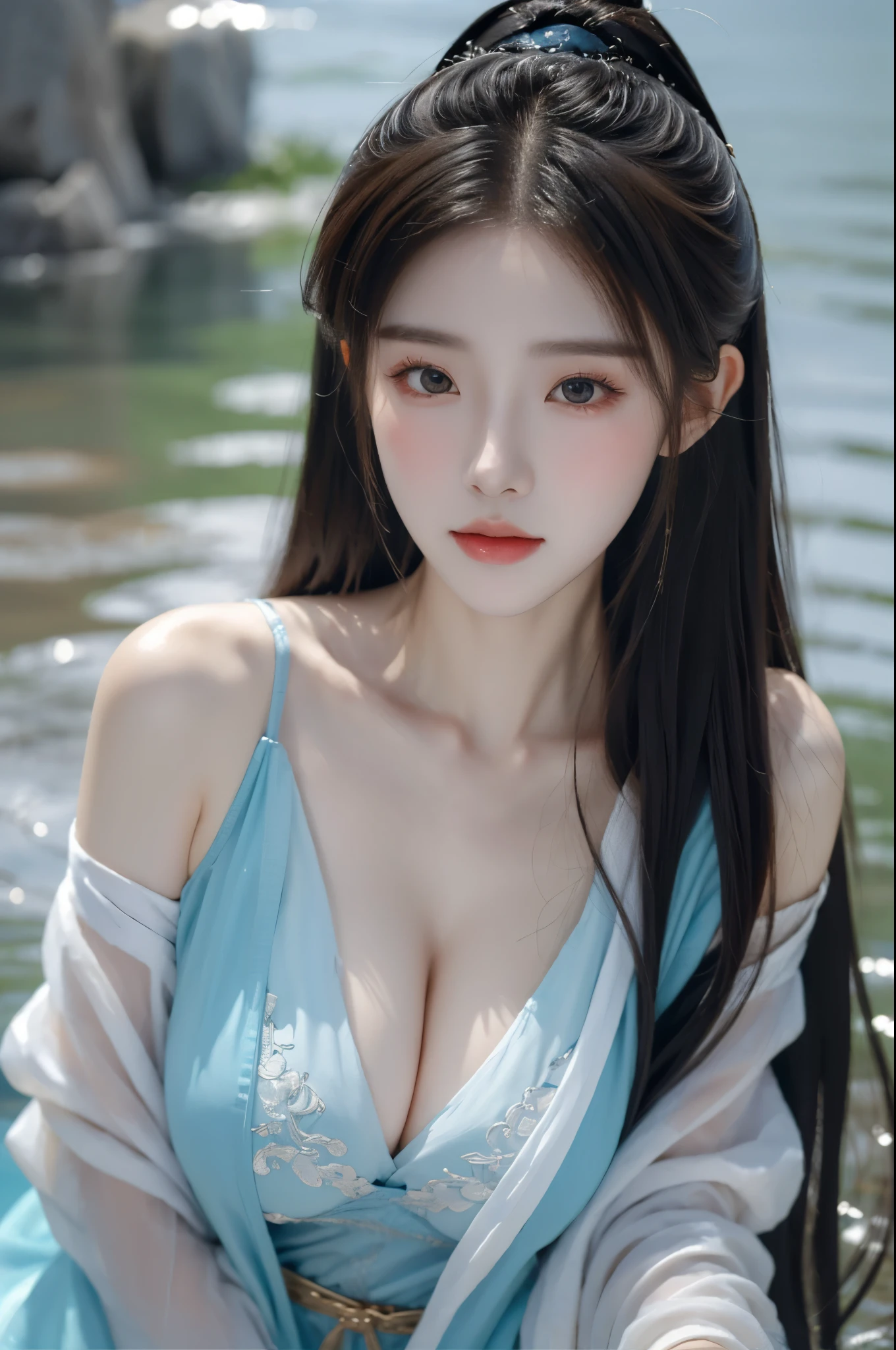 gufeng,Bare shoulders,best quality，masterpiece，Ultra-high resolution，Clear face,（realism：1.4），original photo，Cold Light，Woman wearing transparent clothes underwater，Full body image，Wallpaper Anime Blue Water，Gurwitz-style artwork，Water magic close-up fantasy，author：Yang Jie，Gurwitz，A beautiful artistic illustration，Water Nymphs，Beautiful digital artwork，Beautiful digital illustrations，Li Song，Beautiful anime characters;Art style，((Cardigan，Big boobs))