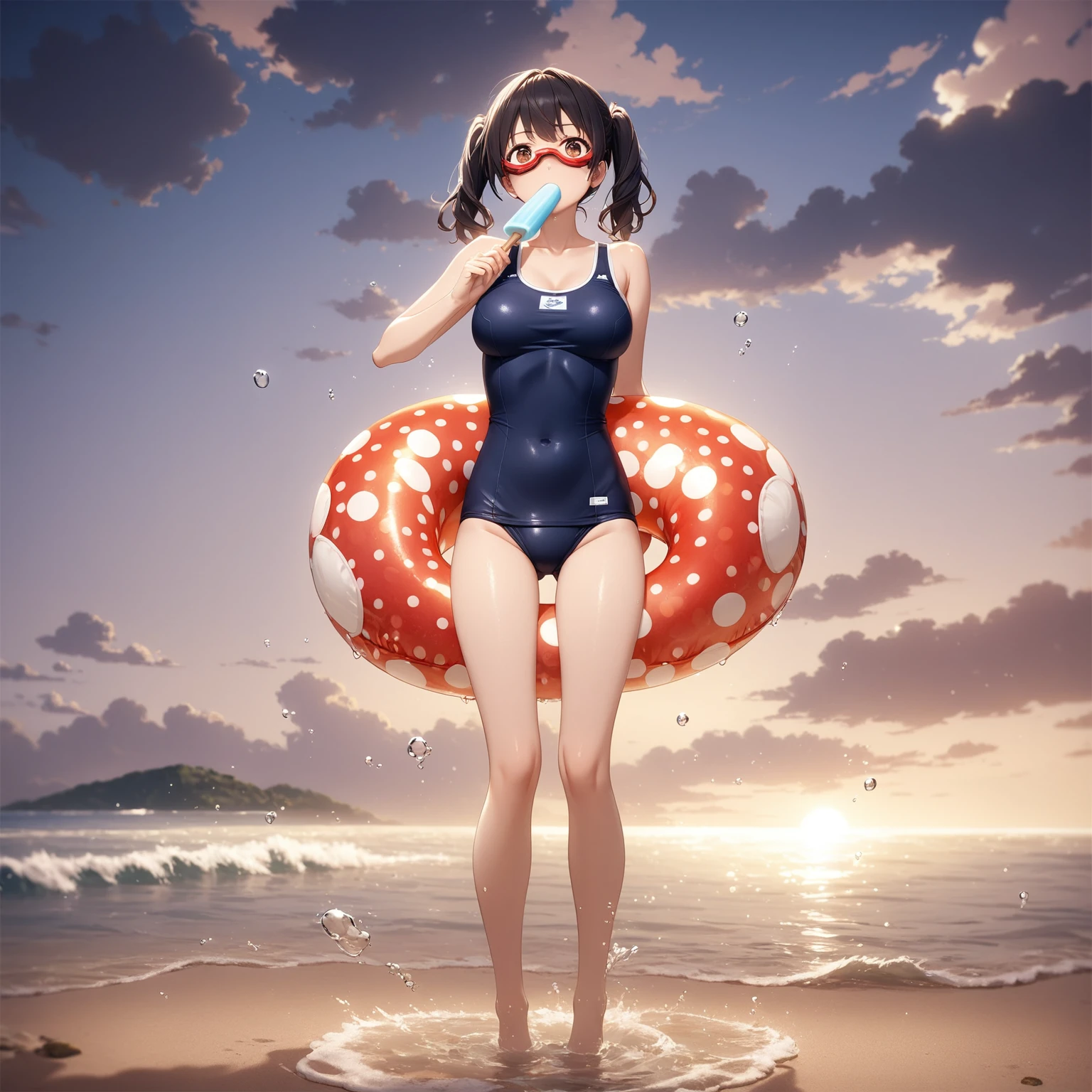 1girl、Eating a popsicle、Black Hair、Pigtails、Navy blue school swimsuit、Brown Skin、Red polka dot swim ring、Red underwater goggles、Ocean、Perfect hands、deep faint light 、 detailed CG、high resolution
