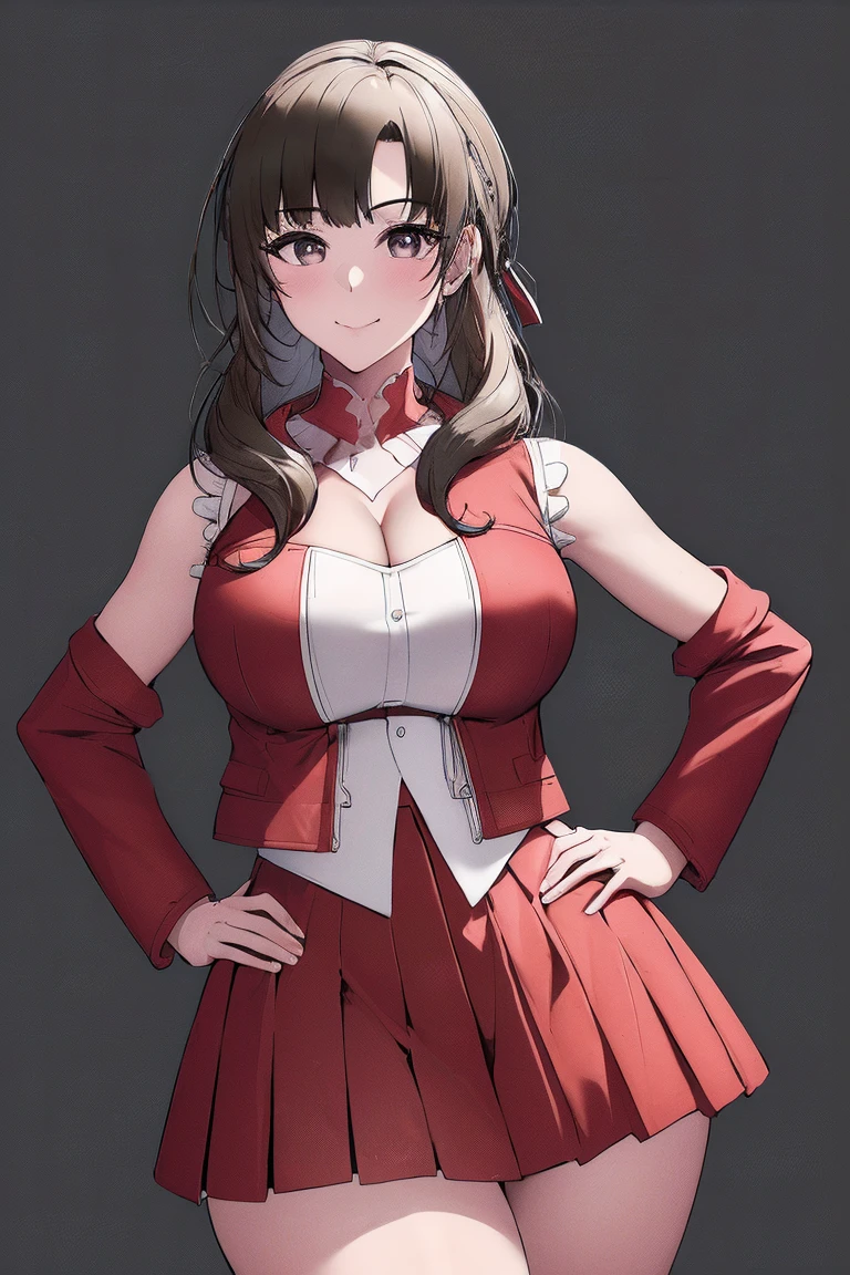 (masterpiece, the best quality:1.2), Cowboy shooting, Solitary, 1 Girl, Makoto Ohama,Charming smile, Shut up, looking at the audience,posture, Hands on Hips,Big breasts(((Large Breasts、Low-cut，Cleavage, Wide hips,)))((Long legs)),Hourglass figure, ,Headband, Osukidev, Strapless, lace up boots, army, army , pleated skirt, (Red Jacket:1.5), skirt, High Leg Raise, , white High Leg Raise, white ribbon, Buttons, (sleeveless:1.5),National Foundation,Official Art,Extremely detailed CG unity 8k wallpaper, Perfect lighting, (masterpiece:1.0),(the best_quality:1.0), Ultra-high resolution,4k,Extremely detailed, photography, 8K, HDR, High resolution, absurd:1.2, Kodak Portrait 400, Film Grain, Blurred background, Bokeh:1.2, lens flare, (energetic_color:1.2),(beautiful_Face:1.5),(narrow_waist),(Perfect hands, Perfect anatomical structure),