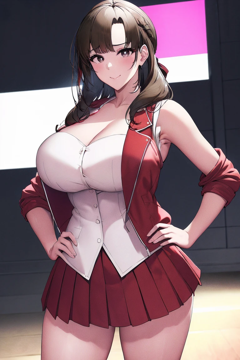 (masterpiece, the best quality:1.2), Cowboy shooting, Solitary, 1 Girl, Makoto Ohama,Charming smile, Shut up, looking at the audience,posture, Hands on Hips,Big breasts(((Large Breasts、Low-cut，Cleavage, Wide hips,)))((Long legs)),Hourglass figure, ,Headband, Osukidev, Strapless, lace up boots, army, army , pleated skirt, (Red Jacket:1.5), skirt, High Leg Raise, , white High Leg Raise, white ribbon, Buttons, (sleeveless:1.5),National Foundation,Official Art,Extremely detailed CG unity 8k wallpaper, Perfect lighting, (masterpiece:1.0),(the best_quality:1.0), Ultra-high resolution,4k,Extremely detailed, photography, 8K, HDR, High resolution, absurd:1.2, Kodak Portrait 400, Film Grain, Blurred background, Bokeh:1.2, lens flare, (energetic_color:1.2),(beautiful_Face:1.5),(narrow_waist),(Perfect hands, Perfect anatomical structure),