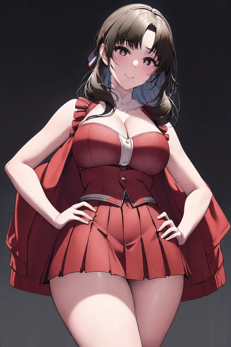 (masterpiece, the best quality:1.2), Cowboy shooting, Solitary, 1 Girl, Makoto Ohama,Charming smile, Shut up, looking at the audience,posture, Hands on Hips,Big breasts(((Large Breasts、Low-cut,Cleavage, Wide hips,)))((Long legs)),Hourglass figure, ,Headband, Osukidev, Strapless, lace up boots, army, army , pleated skirt, (Red Jacket:1.5), skirt, High Leg Raise, , white High Leg Raise, white ribbon, Buttons, (sleeveless:1.5),National Foundation,Official Art,Extremely detailed CG unity 8k wallpaper, Perfect lighting, (masterpiece:1.0),(the best_quality:1.0), Ultra-high resolution,4k,Extremely detailed, photography, 8K, HDR, High resolution, absurd:1.2, Kodak Portrait 400, Film Grain, Blurred background, Bokeh:1.2, lens flare, (energetic_color:1.2),(beautiful_Face:1.5),(narrow_waist),(Perfect hands, Perfect anatomical structure),