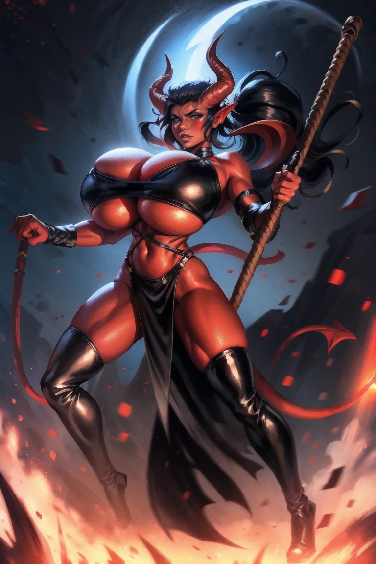 Busty Red skin succubus tiefling, large breasts, black horns, wings, huge tail, black leather, crop top, long flowing pelvic curtain, tall, toned, graceful, thin, long black ponytail. Action scene, whip. Dark scene, explosions, night sky.