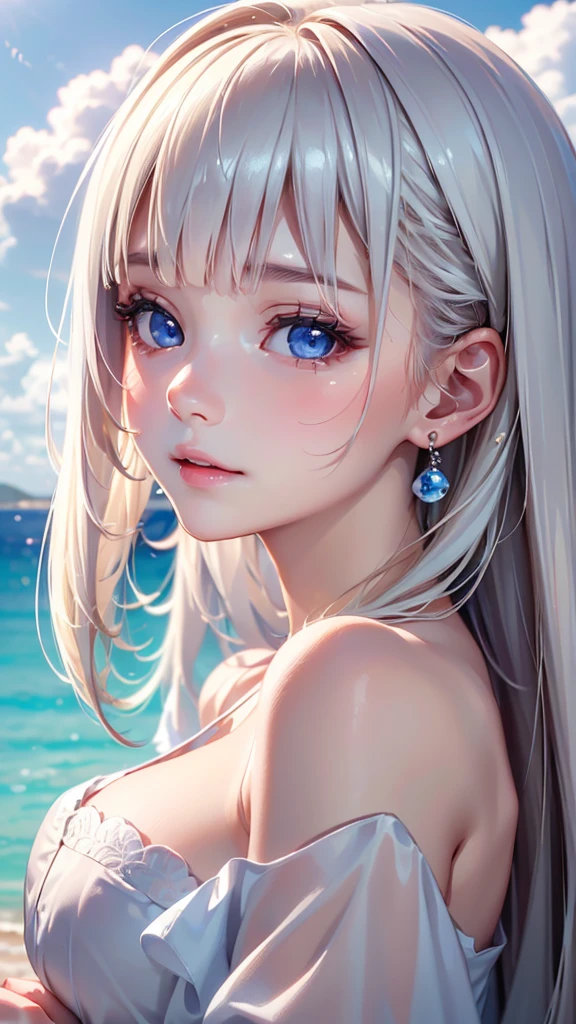 ((sfw: 1.4)), (( detailed face, cute face, detailed face, professional photography)), ((from side)), (( off-the-shoulder top)), (( Shiny platinum blonde silk hair, beautiful shiny bangs, big clear sky blue eyes, very beautiful bright eye highlights, earrings, 1 Girl)), Ultra High Resolution, (Realistic: 1.4), RAW Photo, Best Quality, (Photorealistic Stick), Focus, Soft Light, ((15 years old)), (( (young face))), (surface), (depth of field), masterpiece, (realistic), woman, bangs, ((1 girl))