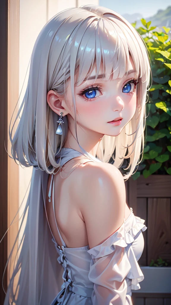 ((sfw: 1.4)), (( detailed face, cute face, detailed face, professional photography)), ((from side)), (( off-the-shoulder top)), (( Shiny platinum blonde silk hair, beautiful shiny bangs, big clear sky blue eyes, very beautiful bright eye highlights, earrings, 1 Girl)), Ultra High Resolution, (Realistic: 1.4), RAW Photo, Best Quality, (Photorealistic Stick), Focus, Soft Light, ((15 years old)), (( (young face))), (surface), (depth of field), masterpiece, (realistic), woman, bangs, ((1 girl))