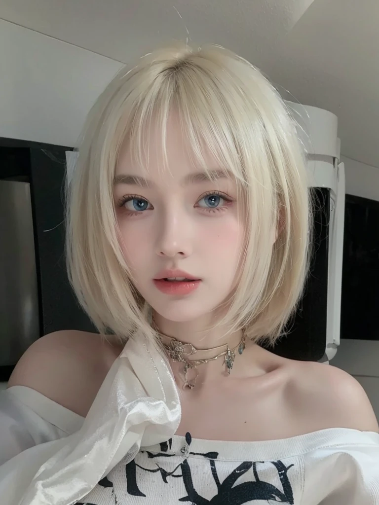 White-blonde beauty with short hair,Natural and beautiful hair,Background mysterious senior