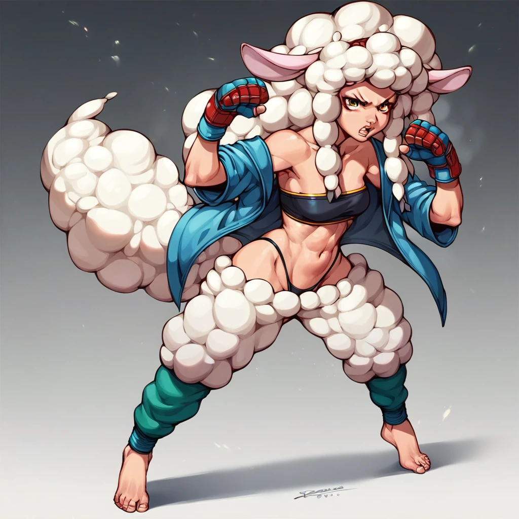 (((fox girl))), ((whole body)), (((pie pose))), ((((((very wide and long wool leg warmers)))))), ((barefoot)), ((open jacket)), ((strapless gym top)), ((thong panties)), ((((martial fighting gloves)))), (((fully detailed)))