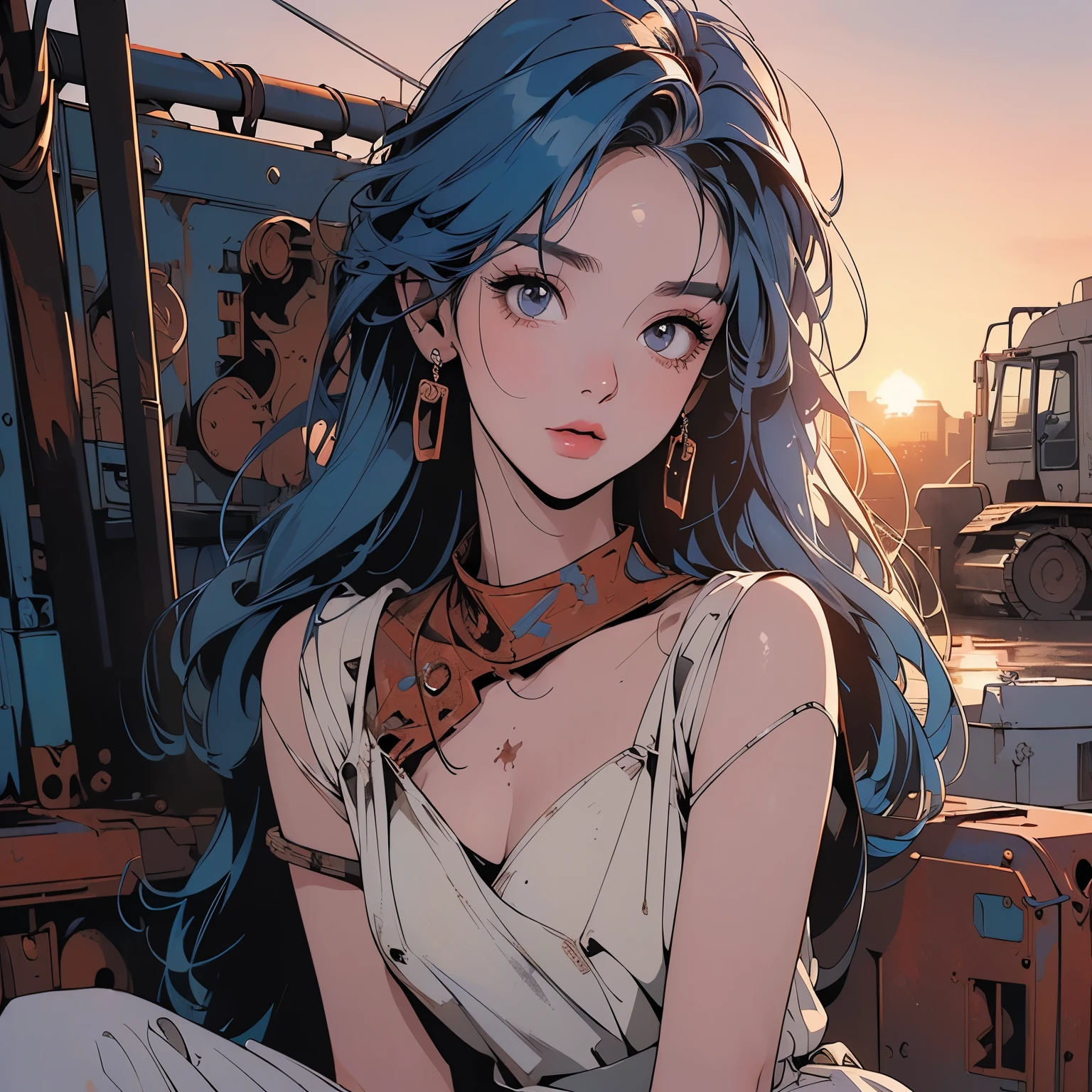 mechanical、Abandoned Factory、Atrium、((((Sunset)))、(((Rusty heavy equipment)))、(((Perfect Woman)))、Beautiful woman、Woman sitting、mysterious、(((Detailed face)))、Detailed Hair、Flat Chest、White dress、(((The most beautiful face)))、(((Beauty)))、Blue hair color、(((Exotic Face)))