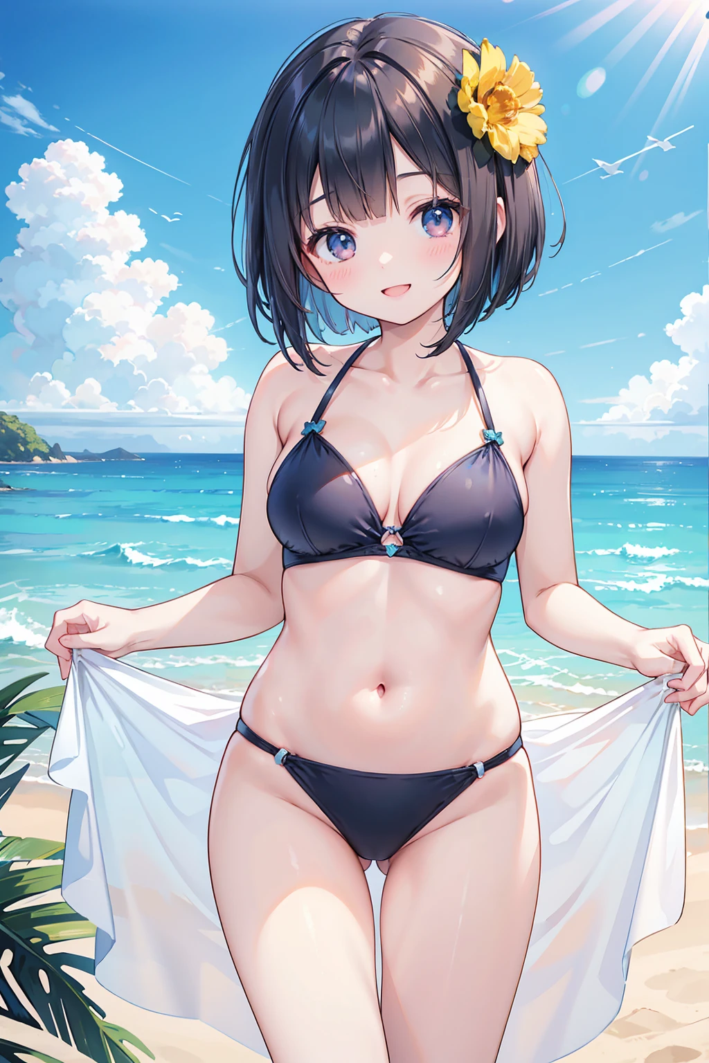 Photorealistic、Highest quality、Highest Resolution、Highest quality、8K、One beautiful woman、cute、Bob Cut Hair、Dark Hair Color、Big Breasts、Beautiful breasts、Swimwear、Ocean、looks fun、Frolic with a smile、