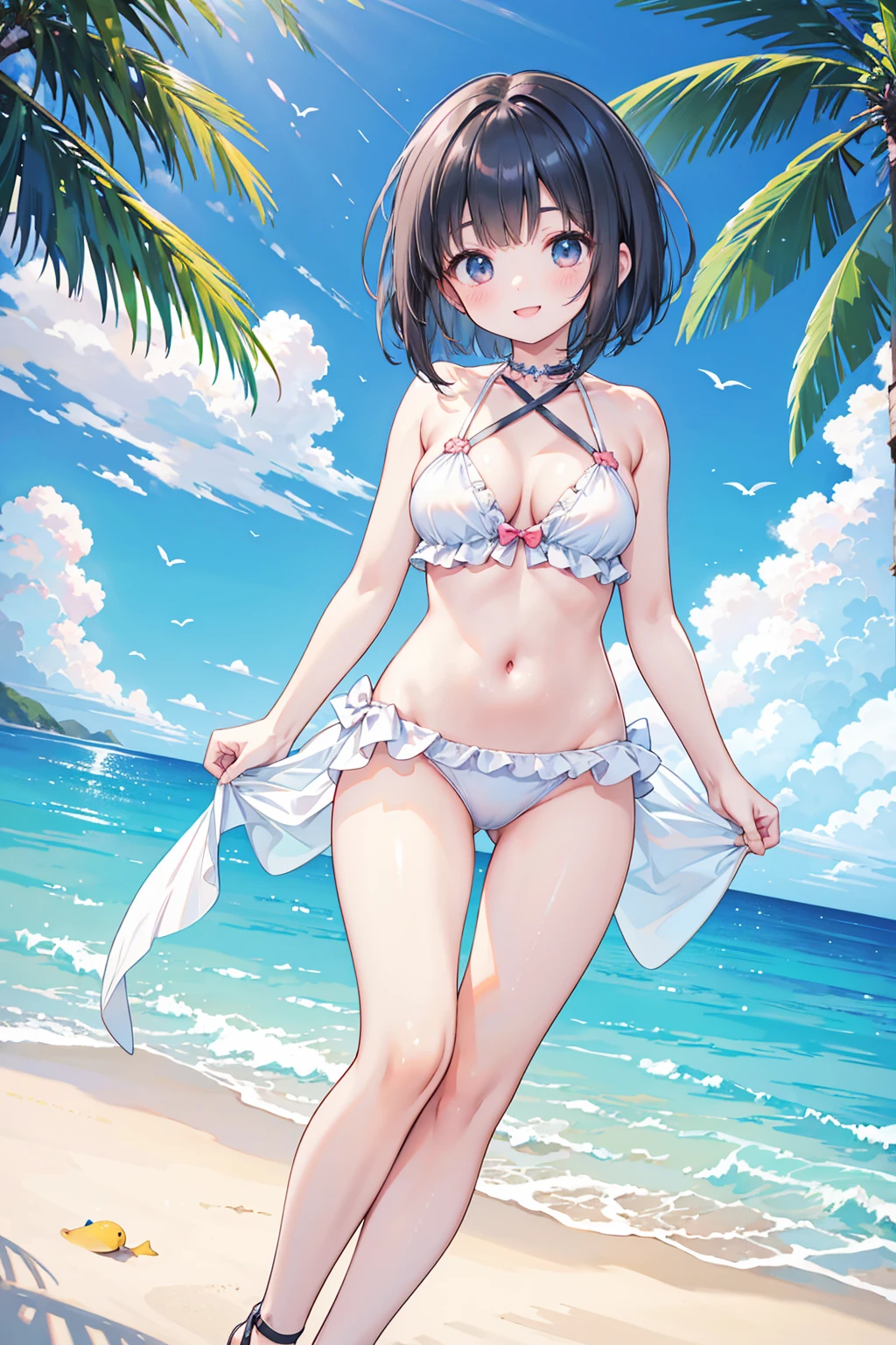 Photorealistic、Highest quality、Highest Resolution、Highest quality、８Ｋ、One beautiful woman、cute、Bob Cut Hair、Dark Hair Color、Big Breasts、Beautiful breasts、Swimwear、Ocean、looks fun、Frolic with a smile、