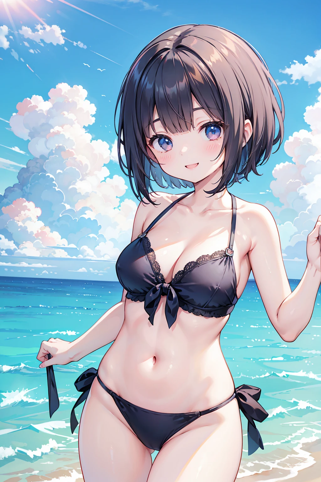 Photorealistic、Highest quality、Highest Resolution、Highest quality、８Ｋ、One beautiful woman、cute、Bob Cut Hair、Dark Hair Color、Big Breasts、Beautiful breasts、Swimwear、Ocean、looks fun、Frolic with a smile、