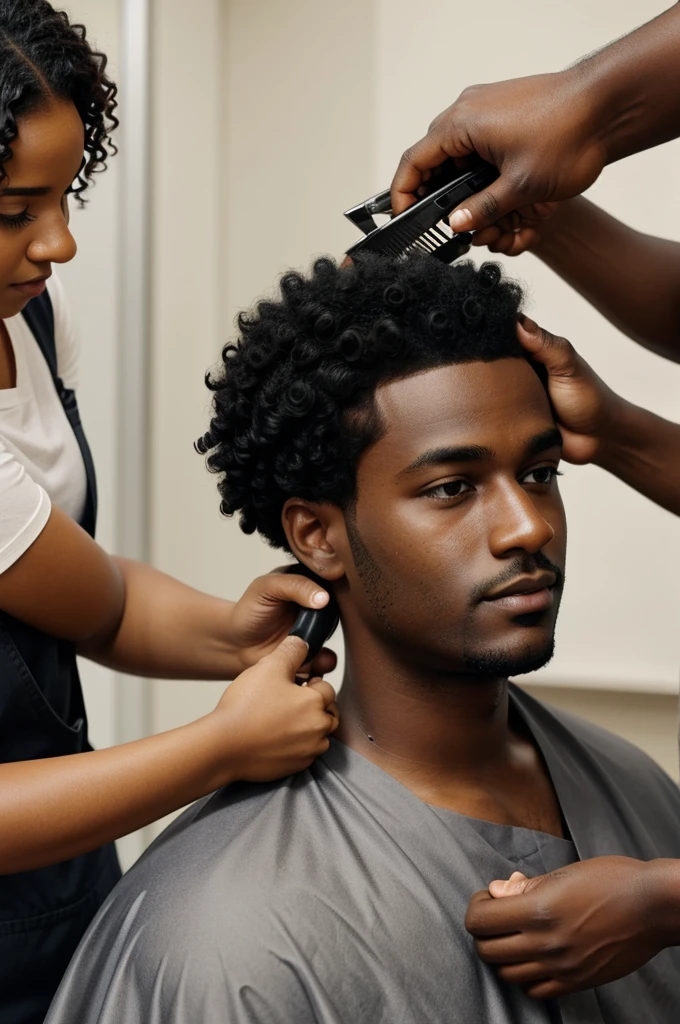 Generated medium dark skinned man with black curly hair short chubby cut in a hair salon performing a cut on a man