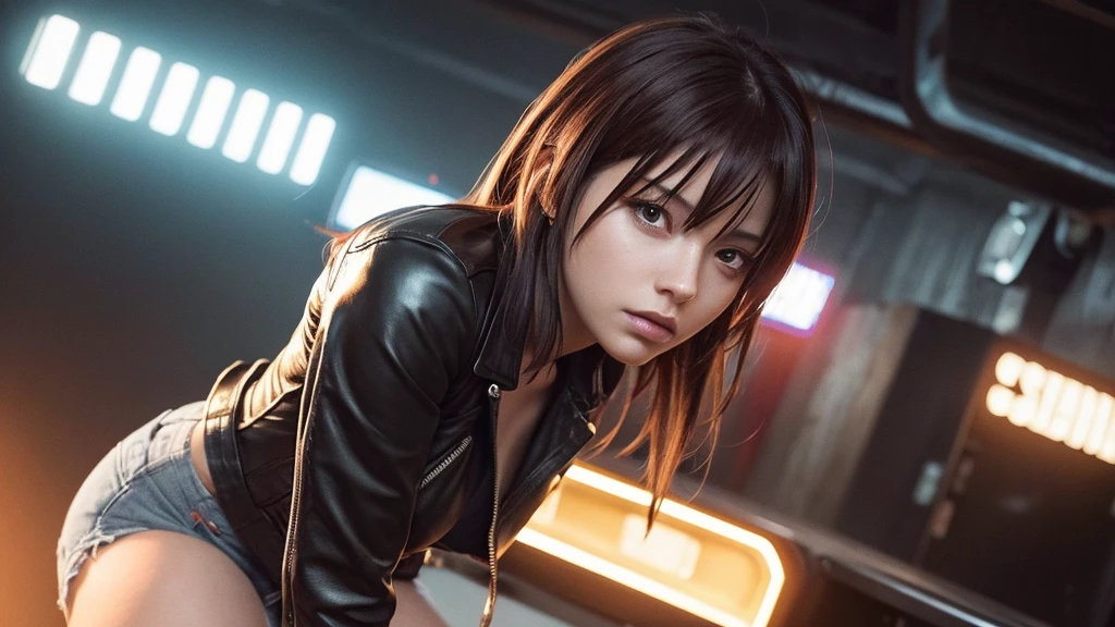 Revy from black lagoon, tattooed babe, wearing a black leather jacket and nude under, short ripped jeans, Her expression is sensual, background is a bright scene, neon lights illuminating the area around her, The artwork is rendered in an edgy and realistic style, with high attention to detail and sharp focus. The colors are vivid and contrasted, with a slight desaturation to create a moody atmosphere. shadowy highlights enhancing the overall composition. The medium used is a digital illustration, with a touch of photo-realistic elements to add depth and texture to the image. The final result is a masterpiece in ultra-high resolution, showcasing the intense and raw nature of Revy's character. she's facing the front image, she's alone.