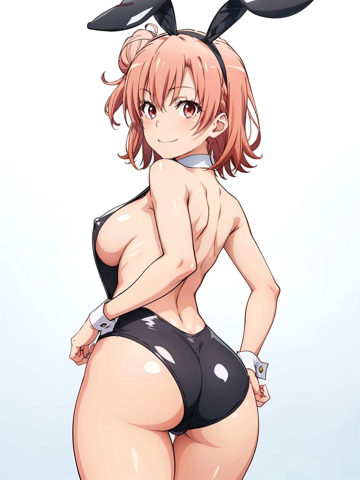 ((masutepiece, Best Quality, hight resolution, nffsw, Perfect Pixel, depth of fields, 4K, )), 1girl in, Solo, , Beautiful anime girl, Beautiful Art Style, close up, Looking at behind at Viewer, shot from behind, ass, thighs, Perfect body, Yuigahama Yui, Short hair, pink hair, hairbun, (large boob), sideboob, black playboy bunny outfit, smile, hands on hips, blank white background