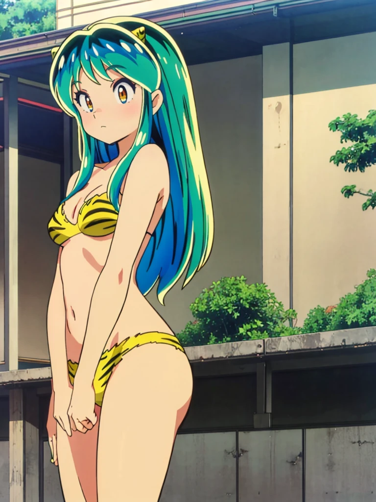 masterpiece, Highest quality, 1 Girl, Lum, bikini, Japan, High definition, 1980s anime style, nose blush, , 18-year-old, looking away, looking down, come to stand at attention, view from front, green hair, light smile