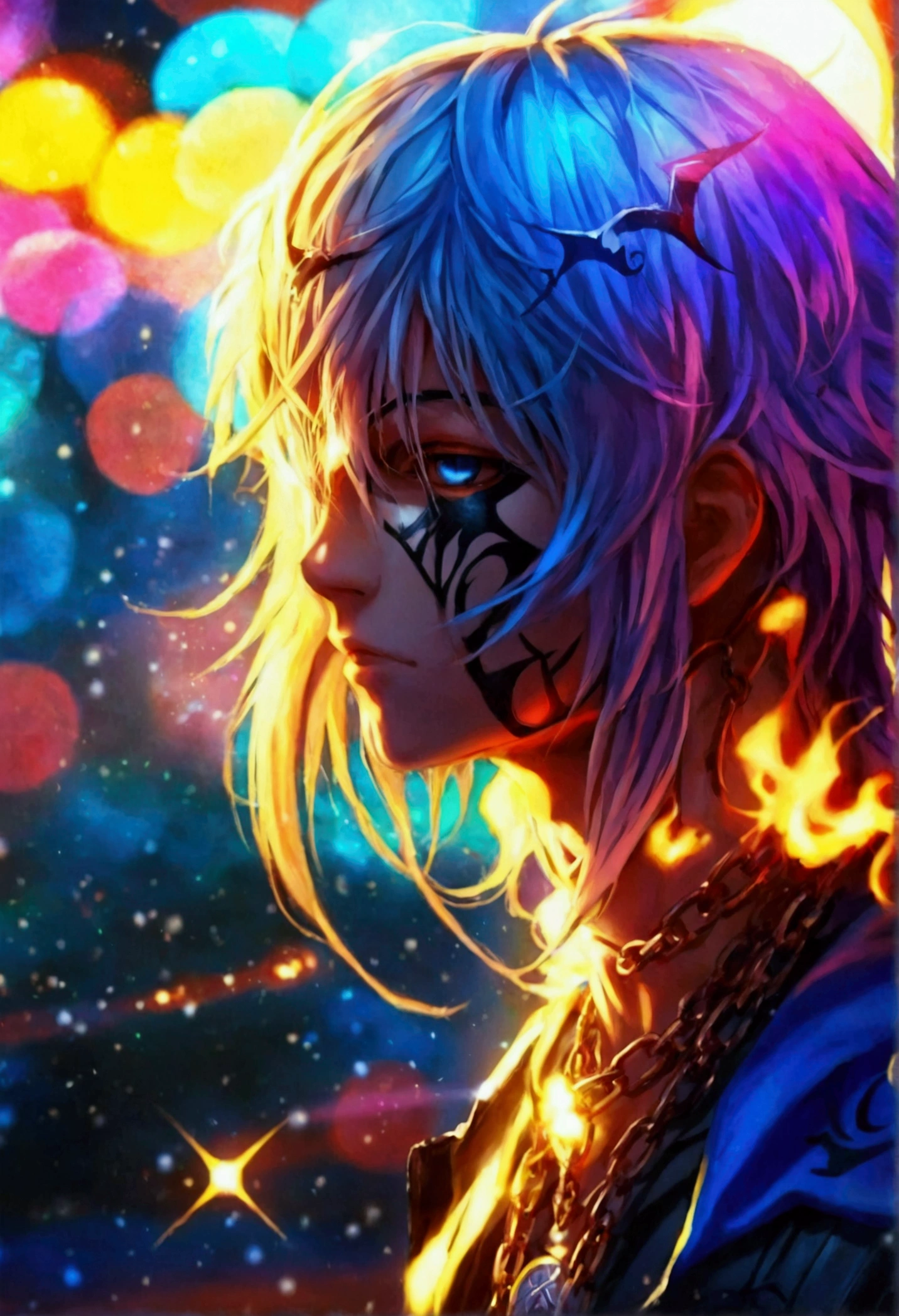 ((best quality)), ((artwork)), (detailded),
anime homen, black and blue hair, best qualityr,open chest vest, blue and black clothes, Dragon Wings, black cloth on face, silver cross chain on neck, black hood with blue horns