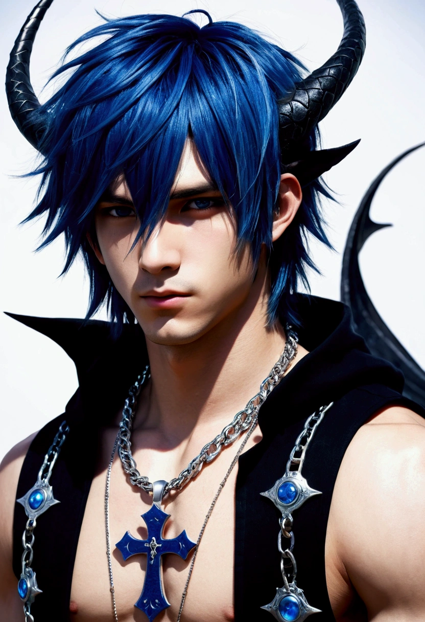 ((best quality)), ((artwork)), (detailded),
anime homen, black and blue hair, best qualityr,open chest vest, blue and black clothes, Dragon Wings, black cloth on face, silver cross chain on neck, black hood with blue horns
